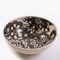 T. Davis Glazed Black And White Sgraffito Ceramic Bowl With Flower Motif
