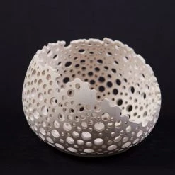 T. Davis Art & Artists Medium-Size White Unglazed Ceramic "Living Edge" Bowl With Hole Pattern