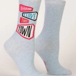 BlueQ Women's Crew Socks "Damn I Love This Town" Clothing & Accessories