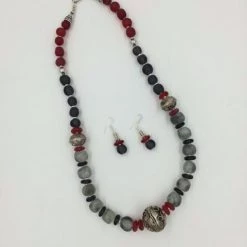 Judy Decker Scarlet & Grey Glass And Silver Bead Necklace And Earrings Set