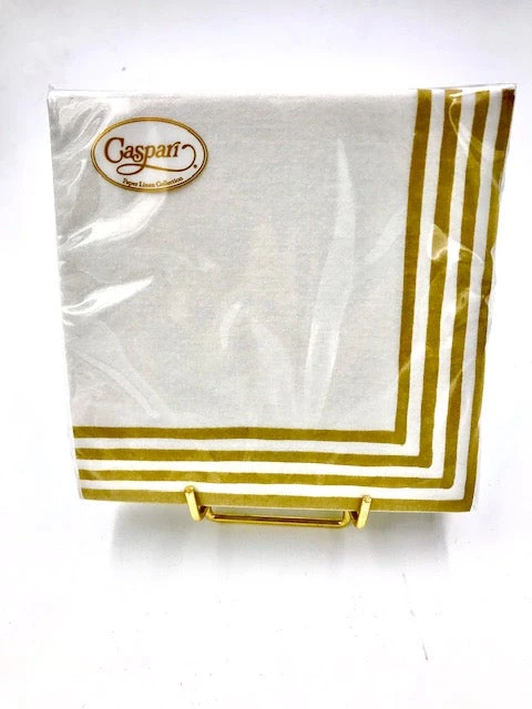 Caspari Gold/White Border Stripe Linen Paper Cocktail And Luncheon Napkins 1 Caspari Gold/White Border Stripe Linen Paper Cocktail And Luncheon Napkins