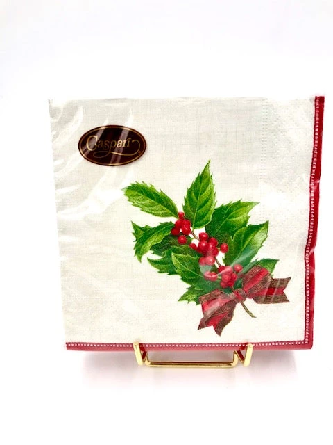Household Caspari Holiday Holly Ivory Linen Cocktail Napkins 1 Household Caspari Holiday Holly Ivory Linen Cocktail Napkins