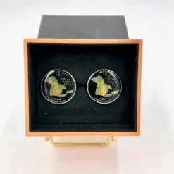 Objects Of Desire Artful Living Cufflinks-Hand Painted State Of Michigan And Great Lakes