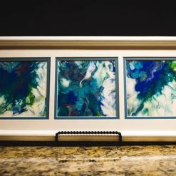 Vicky Bauman (Findlay, OH) Vicky Bauman: 9.5" X 21" Abstract Acrylic Pour In White Triptych Frame (#106) Art & Artists